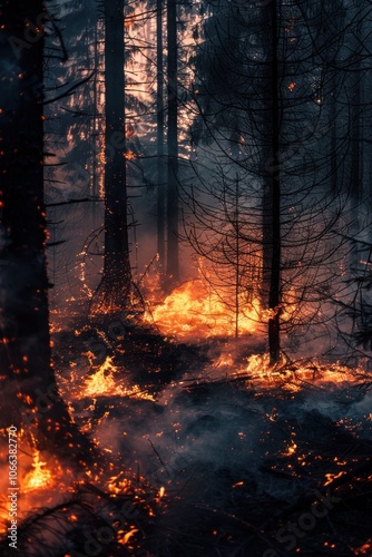 The spread of fire and smoke in the forest. Natural disaster