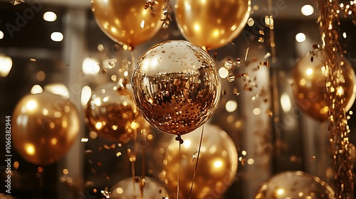 Golden Balloons and Confetti Against Blurred Background