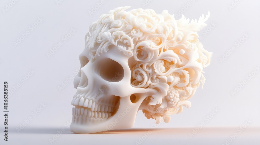 Naklejka premium White skull designed with a 3D printer featuring decorative Baroque elements and floral motifs