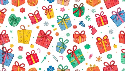 A festive Christmas pattern featuring gift boxes and pine branches on a white background.
