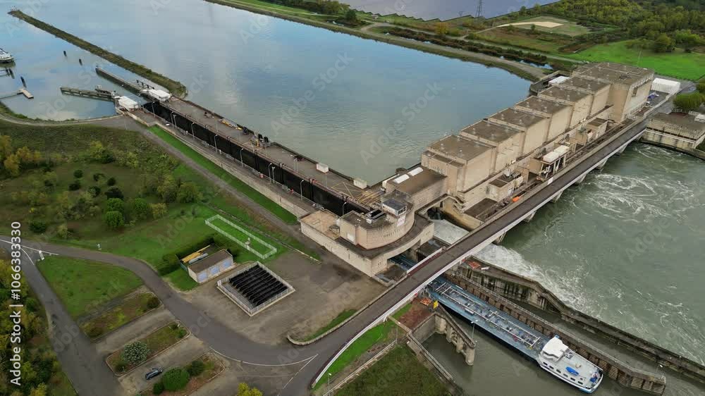Saulce sur Rhone, France - 27 November 2024: Industrial ship passing through the lock above the hydroelectric power plant on the Rhone river in the Drome district of France