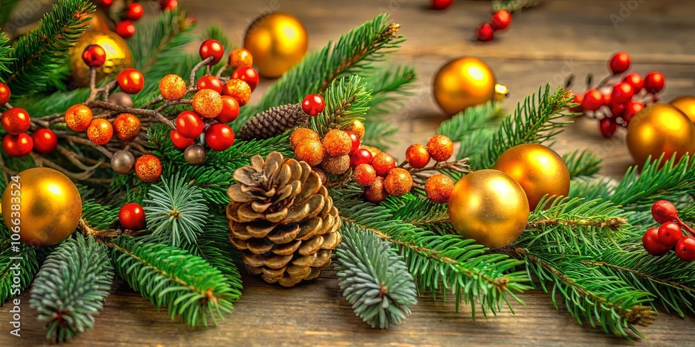 A Rustic Arrangement of Evergreen Branches, Golden Baubles, and Festive Berries on a Weathered Wooden Surface A Rustic Arrangement of Evergreen Branches, Golden Baubles, and Festive Berries on a Weathered Wooden Surface