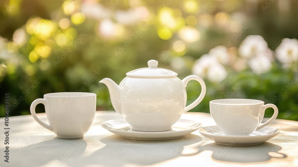 White porcelain tea or coffee set displayed on a table in a garden with a blurred green nature backdrop White porcelain tea or coffee set displayed on a table in a garden with a blurred green nature backdrop