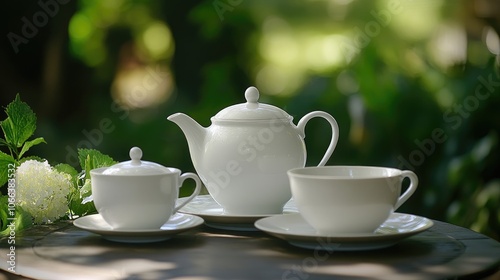 White porcelain tea or coffee set displayed on a table in a garden with a blurred green nature backdrop photo