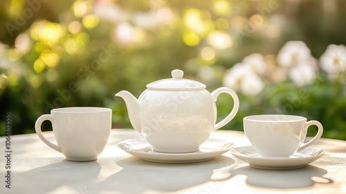 White porcelain tea or coffee set displayed on a table in a garden with a blurred green nature backdrop photo