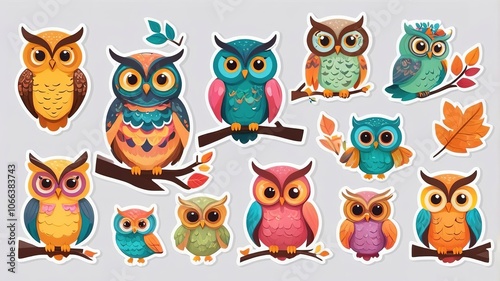 Cartoon owl stickers in bright colors with leaves, flat vector on light backdrop. photo