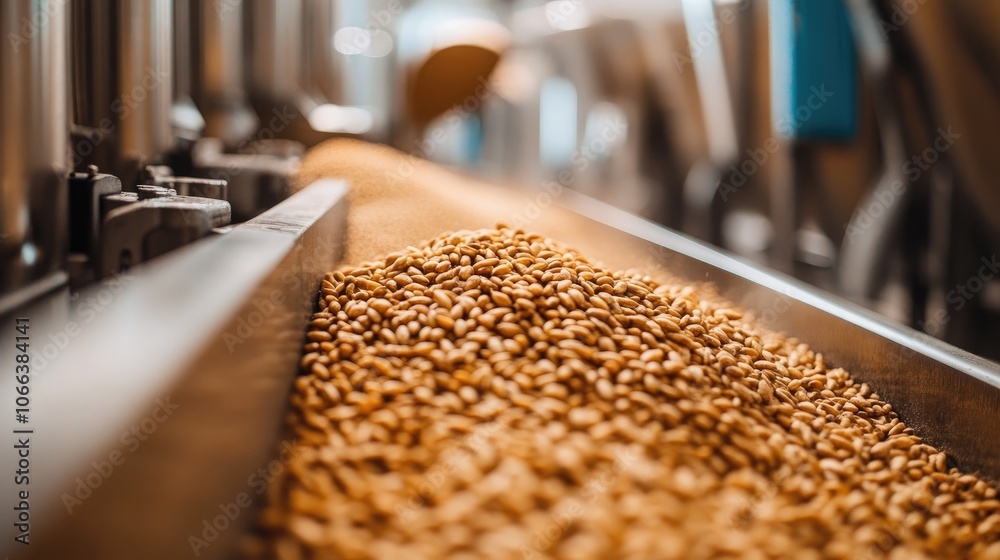 Wheat grains cascading in a commercial food production facility Wheat grains cascading in a commercial food production facility