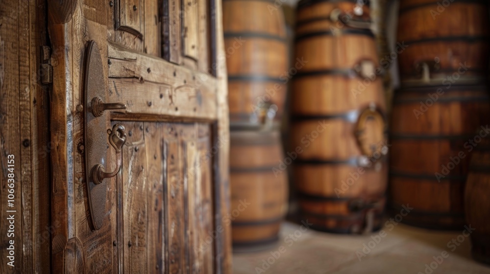 Exploring dim wine cellar with old wooden door, oak barrels aging wine, rustic charm palpable. Heritage and craftsmanship evident in each bottle Exploring dim wine cellar with old wooden door, oak barrels aging wine, rustic charm palpable. Heritage and craftsmanship evident in each bottle