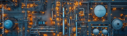 Aerial View of Industrial Refinery with Illuminated Pipes and Tanks at Night Creating a Complex Geometric Pattern