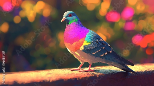 Vibrant urban pigeon showcasing a spectrum of plumage colors commonly seen in metropolitan environments