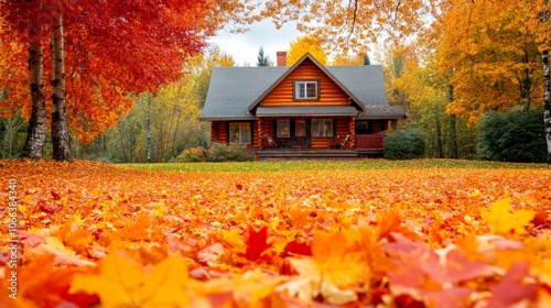 Wallpaper Mural Autumn Log Cabin Home Fall Foliage Maple Leaves Cozy House Torontodigital.ca