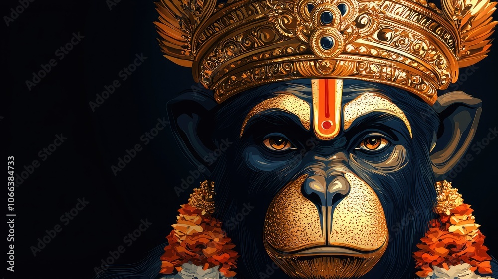 A striking image of a monkey adorned with a golden crown and floral garlands, reflecting a fusion of art and cultural symbolism.