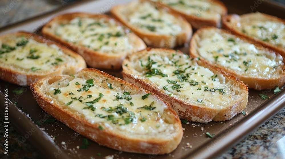 Warm Sliced Garlic Bread Topped with Melted Butter and Fresh Herbs on a Countertop Warm Sliced Garlic Bread Topped with Melted Butter and Fresh Herbs on a Countertop