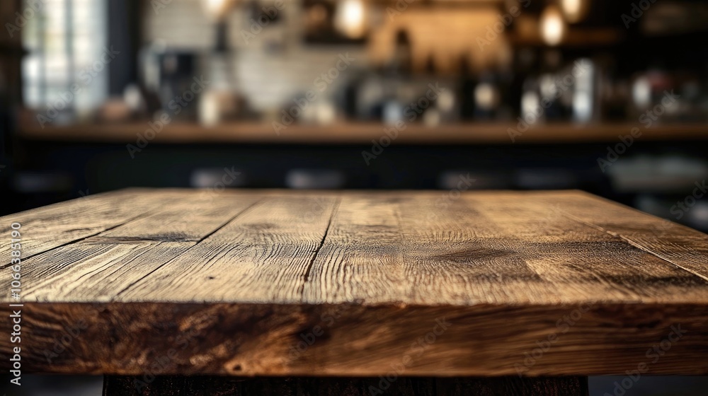 Wooden table in focus with a blurred kitchen backdrop ideal for product display setups Wooden table in focus with a blurred kitchen backdrop ideal for product display setups