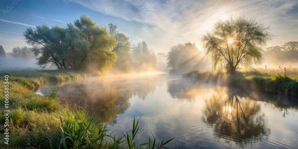 Sunbeams pierce through the mist, illuminating a serene river scene with lush greenery and the reflection of a willow tree in the water. Sunbeams pierce through the mist, illuminating a serene river scene with lush greenery and the reflection of a willow tree in the water.
