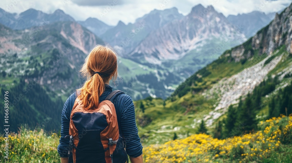 Woman Hiking in Mountain Range from Behind Woman Hiking in Mountain Range from Behind