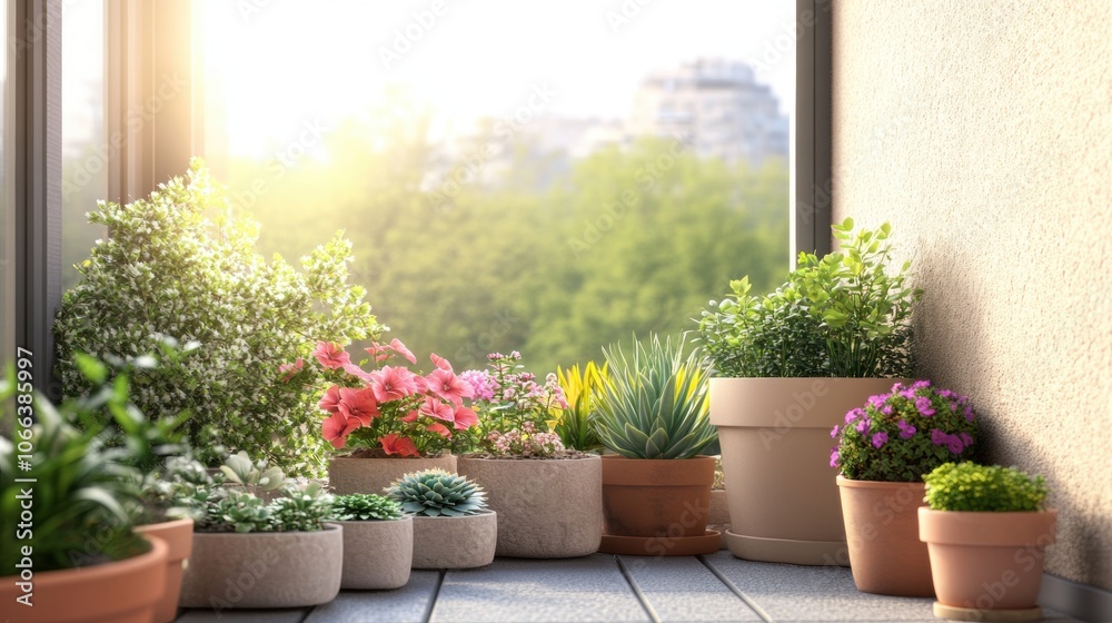 A serene balcony garden with various potted plants and flowers. A serene balcony garden with various potted plants and flowers.