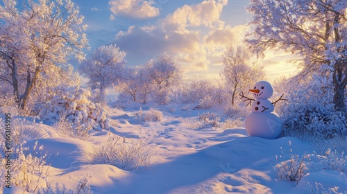 Adorable winter wonderland scene featuring a cheerful snowman standing alone in a serene snow-covered landscape with frosty trees and a soft blue sky background.
