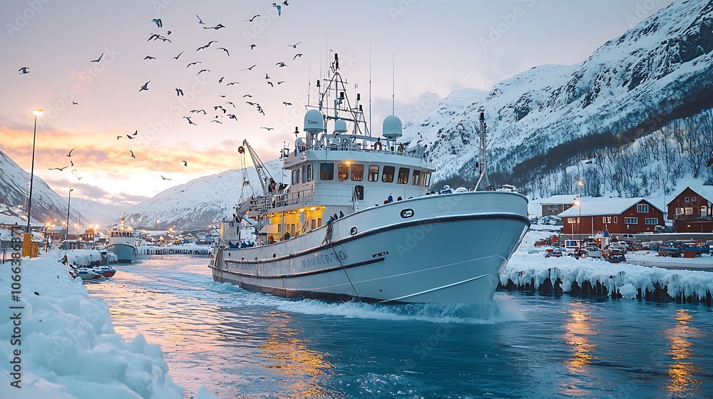 Naklejka premium Trawler Returning to Port at Sunset in Winter