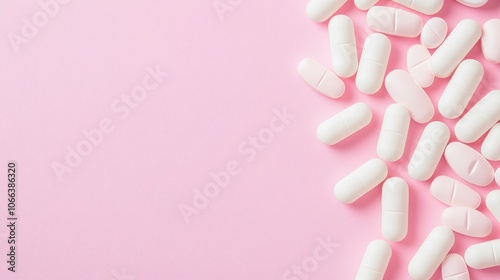 White and pink pills on a pink backdrop with space for text Represents weight loss vitamins hormones or sedatives Focus on women s health and hormonal balance