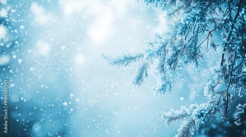 Winter scenery featuring close up snowflakes and a blue hue with snow laden trees and ample free space embodying a cold atmosphere Concept landscape splash screen