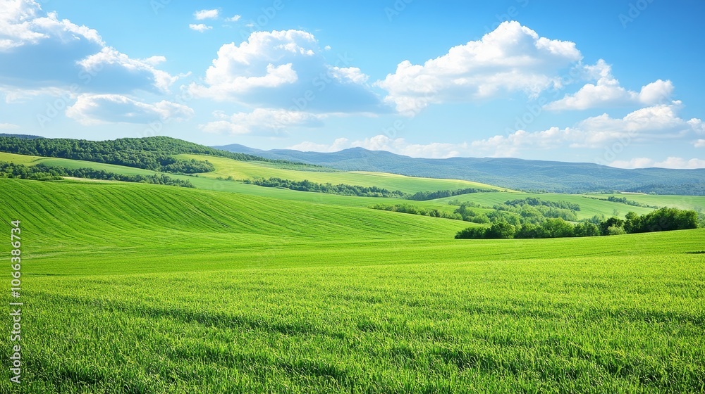 A serene landscape showcasing rolling green hill under a blue sky with fluffy cloud. A serene landscape showcasing rolling green hill under a blue sky with fluffy cloud.