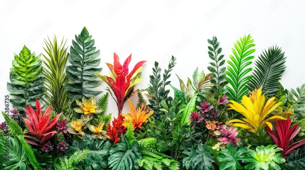 Vibrant tropical plants showcasing a variety of species against a clean white backdrop Vibrant tropical plants showcasing a variety of species against a clean white backdrop