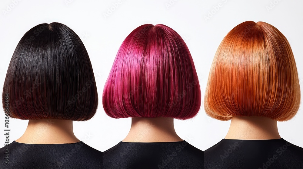 Women s bob haircut showcasing various hair colors viewed from the back against a white background