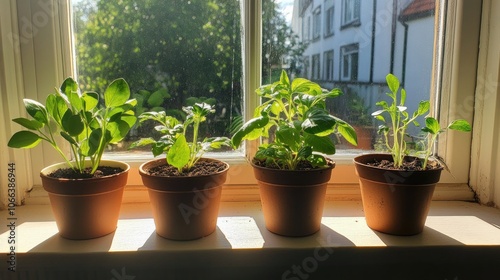 Young plants thriving in pots on a sunny windowsill