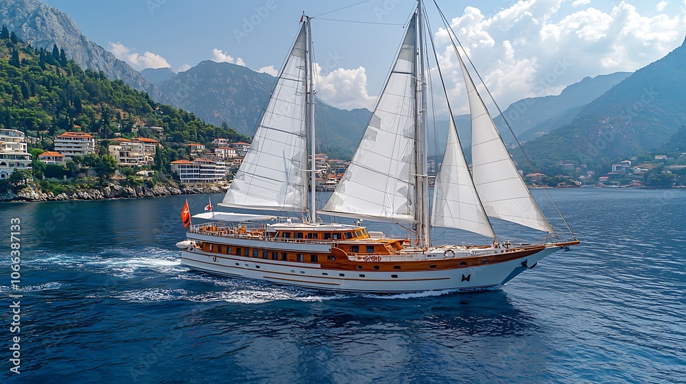 Traditional Wooden Sailboat with White Sails at Sea Traditional Wooden Sailboat with White Sails at Sea