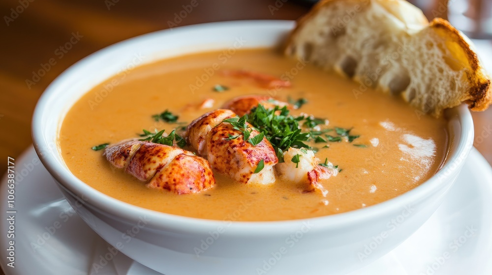 A bowl of creamy lobster bisque, garnished with parsley, served with a side of crusty bread. A bowl of creamy lobster bisque, garnished with parsley, served with a side of crusty bread.
