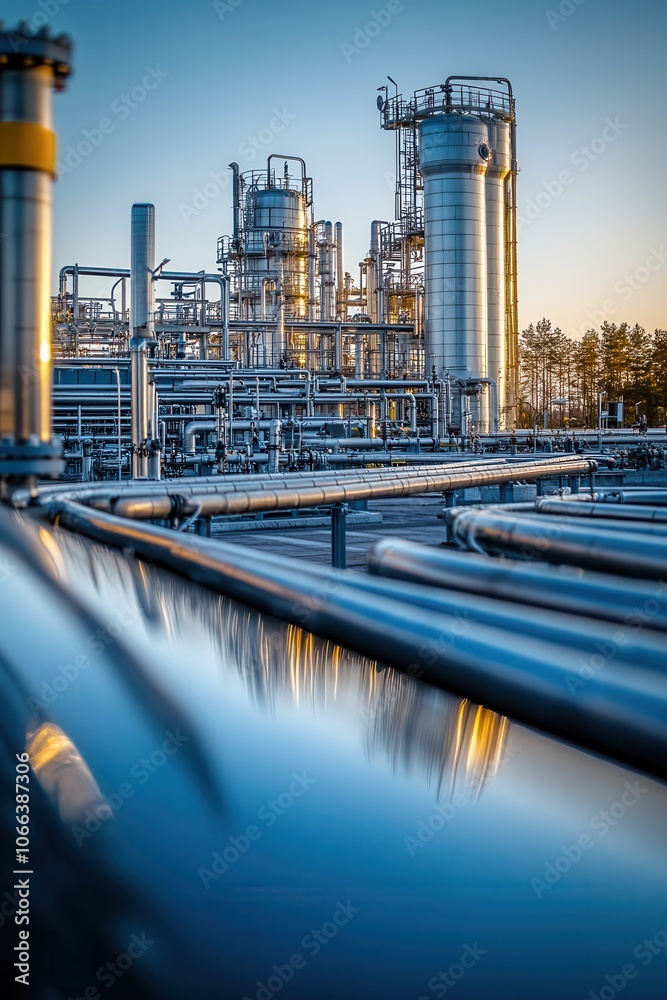 Obraz premium Industrial Refinery at Sunset with Metallic Structures and Blue Sky Reflections in a Modern Petrochemical Plant