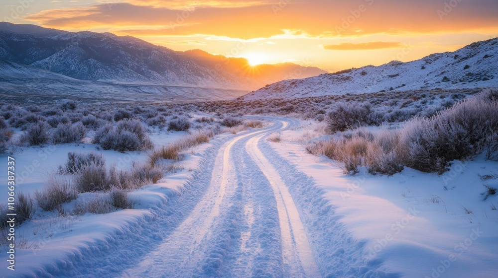 Winter scene featuring a snow covered pathway winding through mountains during sunrise Winter scene featuring a snow covered pathway winding through mountains during sunrise