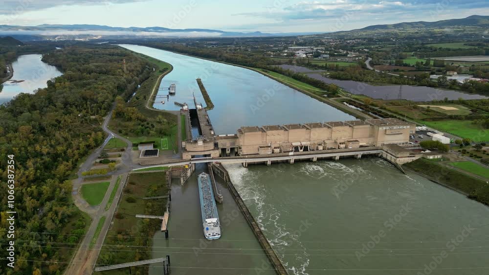 Saulce sur Rhone, France - 27 November 2024: Industrial ship passing through the lock above the hydroelectric power plant on the Rhone river in the Drome district of France