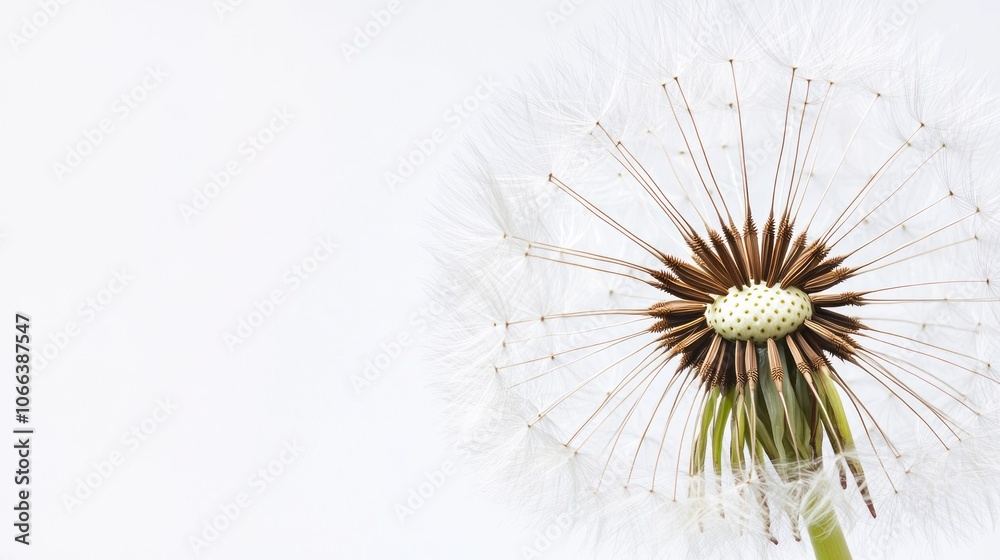 A close-up of a dandelion seed head against a white background. A close-up of a dandelion seed head against a white background.