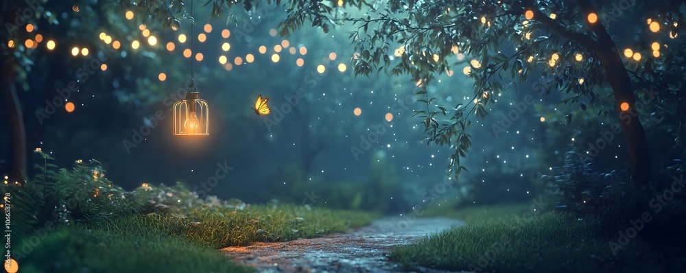 Magical forest scene with glowing lanterns and a serene pathway, invoking a sense of wonder and tranquility at twilight. Magical forest scene with glowing lanterns and a serene pathway, invoking a sense of wonder and tranquility at twilight.