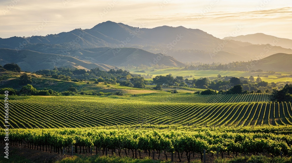 Fototapeta premium Vineyards nestled within impressive green hills and mountains offering a panoramic perspective isolated image