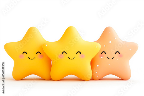 Three happy cartoon stars smiling together on white background