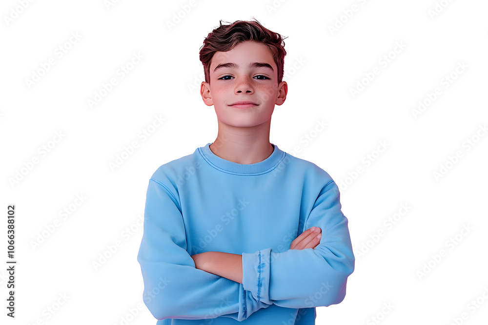 Photo portrait of cute teen boy crossed hands confident dressed stylish blue clothes isolated on pink color background Photo portrait of cute teen boy crossed hands confident dressed stylish blue clothes isolated on pink color background