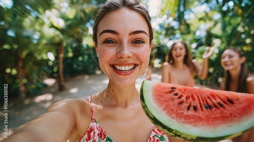 Joyful Woman in Floral Dress Taking a Fun Selfie