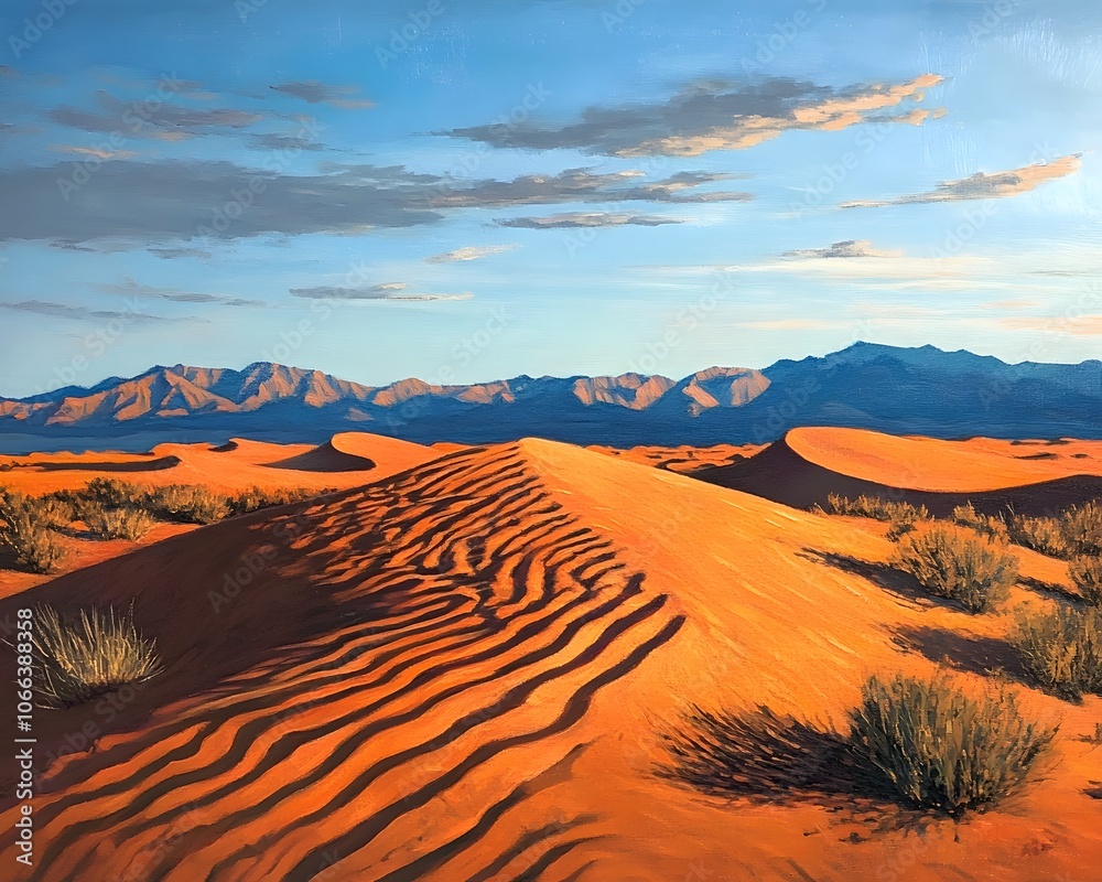 Naklejka premium Serene desert landscape featuring rolling sand dunes under a bright sky, showcasing stunning waves of amber sand and distant mountains.