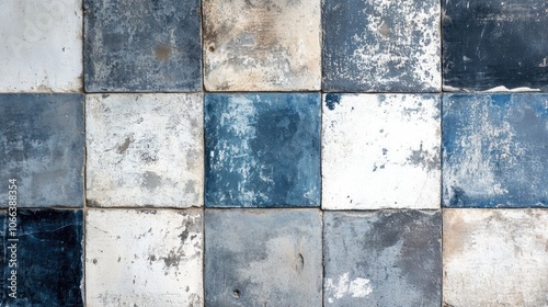 Vintage shabby patchwork tiles with gray blue tones create a textured background of stone concrete and cement © Cyber Shutter