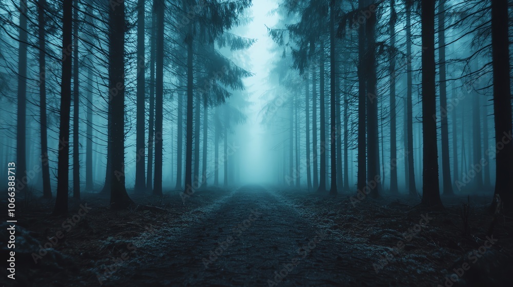 A dense fog rolling through a dark pine forest A dense fog rolling through a dark pine forest