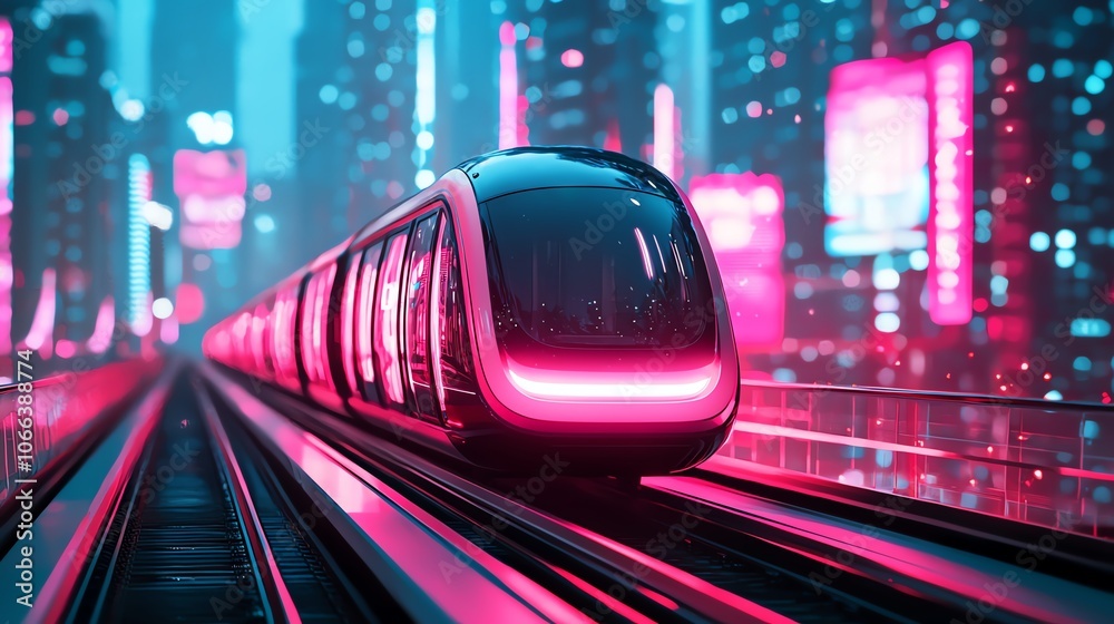 A futuristic monorail gliding through a neonlit city at night A futuristic monorail gliding through a neonlit city at night