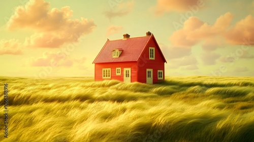 Idyllic Red House in Golden Wheat Field Sunset Landscape