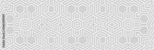 Banner, ethnic cover design. Geometric minimalist 3D pattern. White background, embossing, boho style. Vintage ornaments, arabesques of the East, Asia, India, Mexico, Aztec, Peru. 