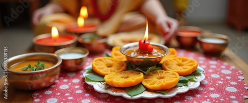 Beautifully Arranged Traditional Food and Offerings for Sacred Chhath Puja Prayers Capturing the Spirit of Devotion. photo