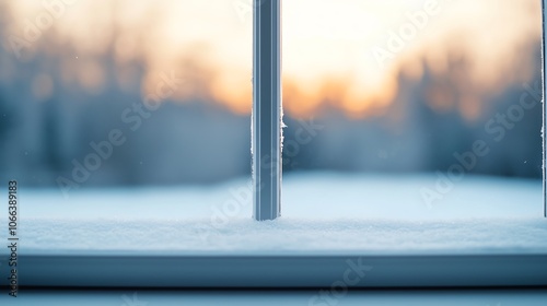 Frostcovered windowpane with blurred snowy landscape beyond, soft morning light, intimate closeup shot photo