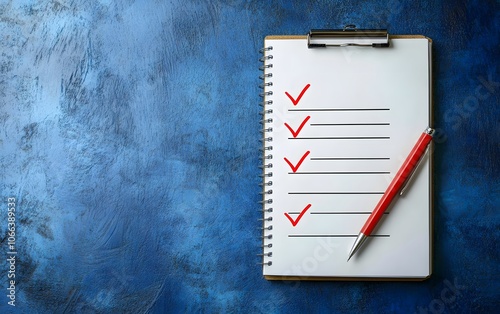 A checklist on a clipboard with red pen on a blue background, representing organization and task management. photo