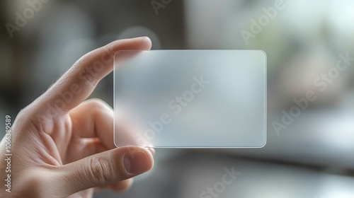 A hand holds a blank translucent card with rounded corners. photo